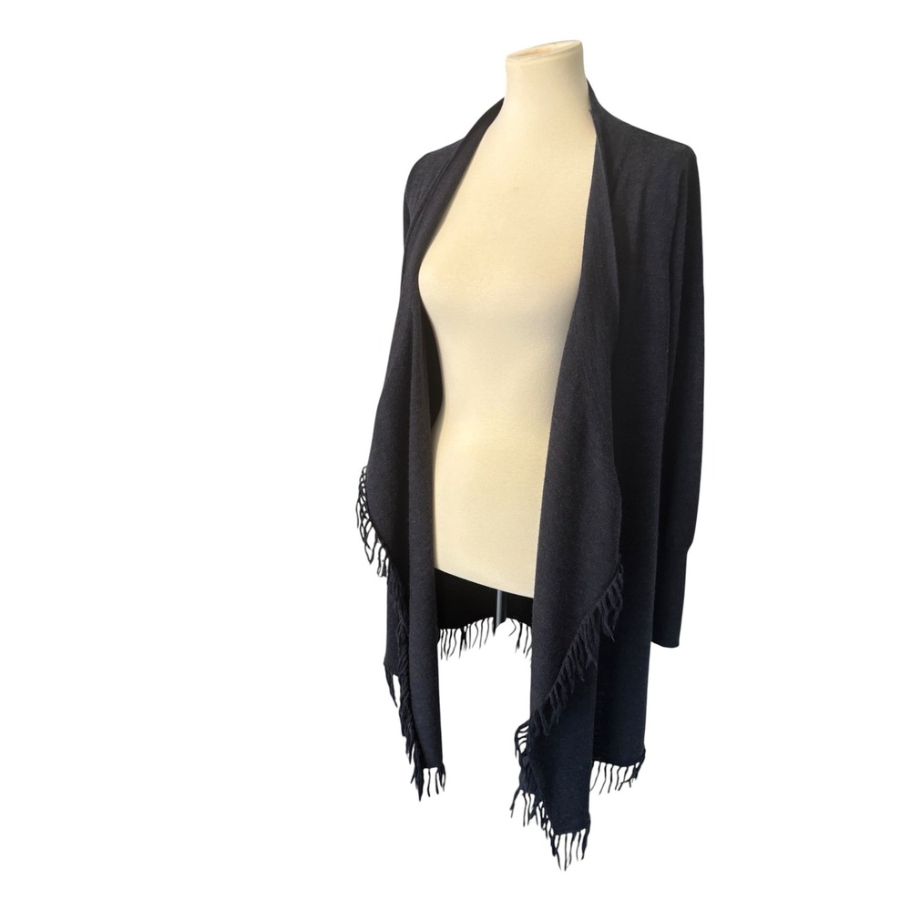 Elena Solano Gray Wool Blend Fringe Open Front Cardigan Sweater Large‎ Classic.